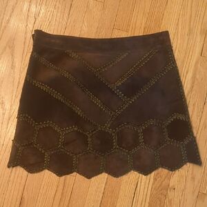 Dark Brown Suede Embroidered Mini Skirt